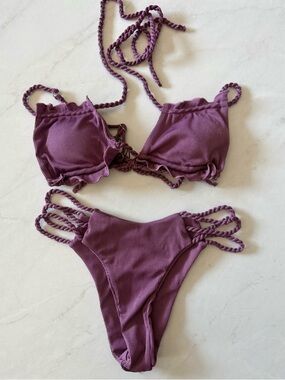 Zaful Mauve Purple Ribbed Braided-Strap Bikini Set